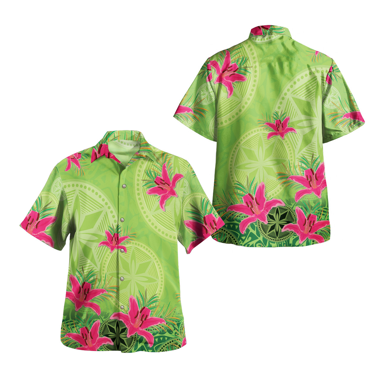 Hawaii Combo Off Shoulder Long Dress And Shirt Lilies With Polynesian Pattern