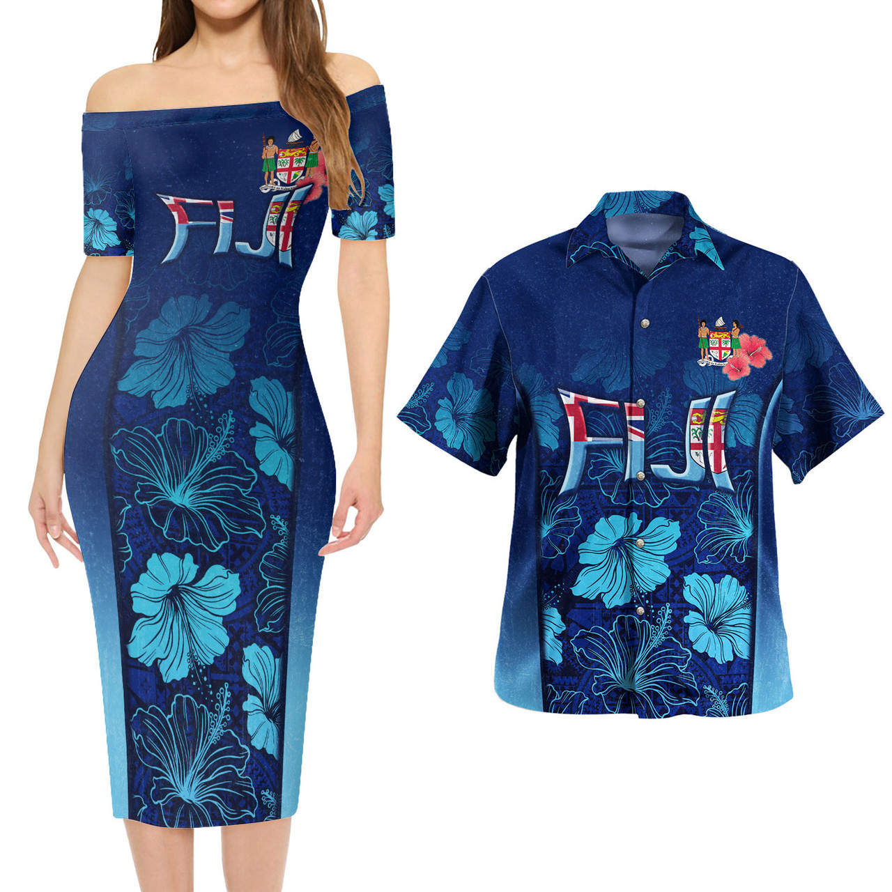 Fiji Combo Short Sleeve Dress And Shirt Fijian Traditional Patterns Hibiscus Flowers