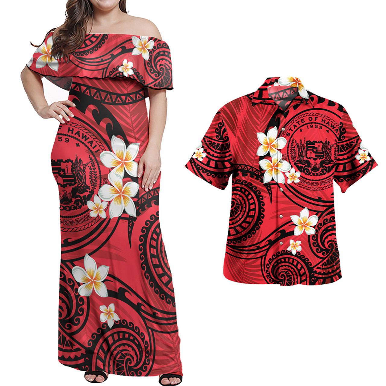 Hawaii Combo Off Shoulder Long Dress And Shirt Plumeria With Tribal Pattern