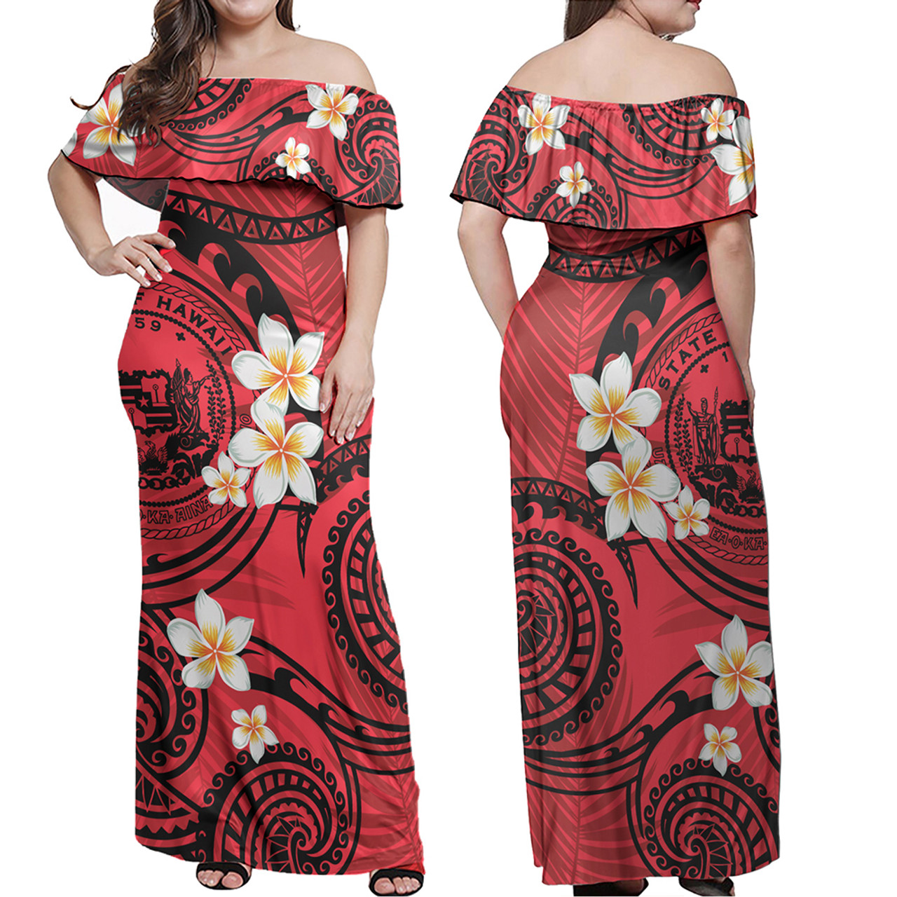 Hawaii Combo Off Shoulder Long Dress And Shirt Plumeria With Tribal Pattern