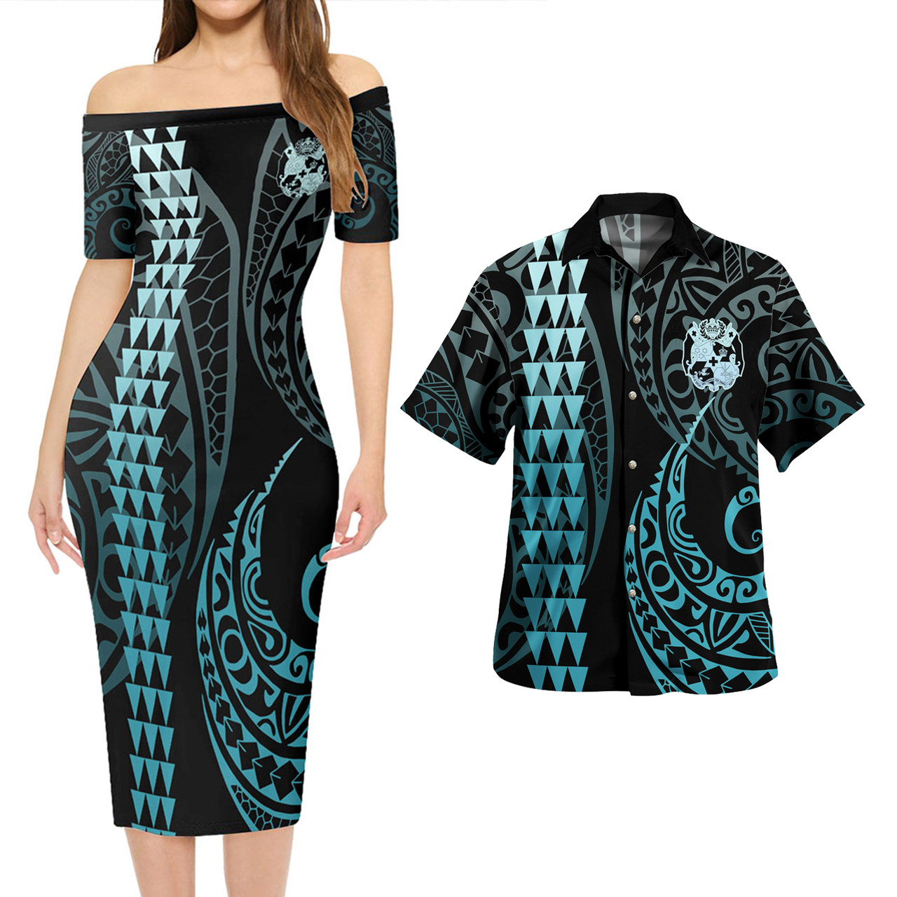 Tonga Combo Short Sleeve Dress And Shirt Kakau Style Turquoise