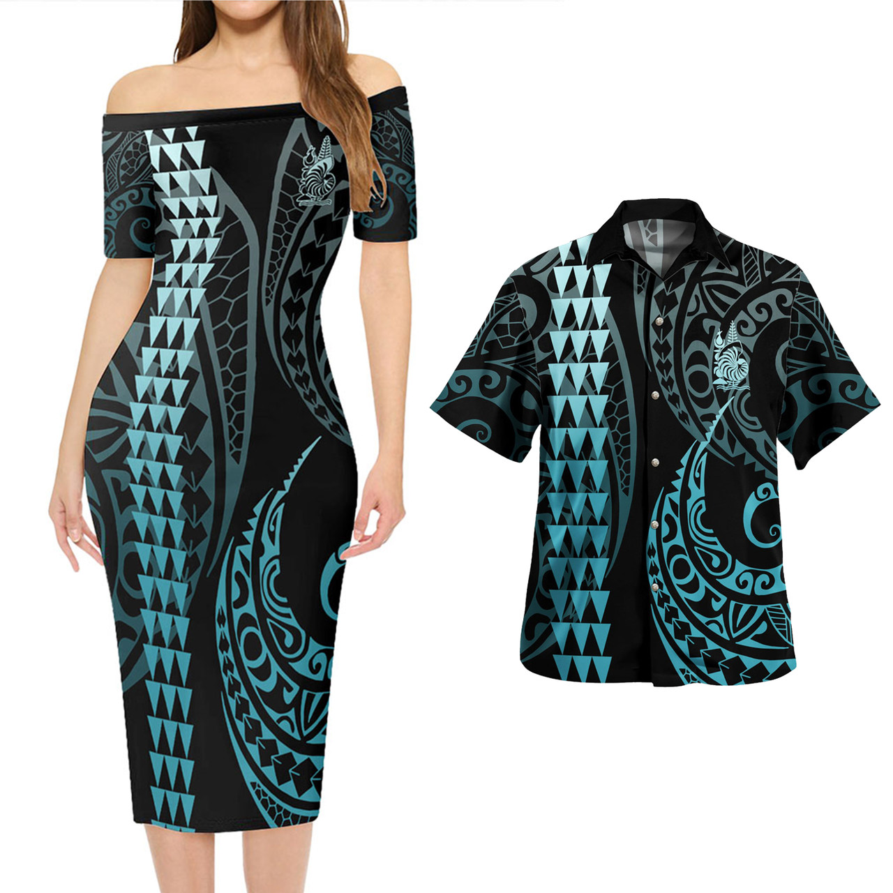 New Caledonia Combo Short Sleeve Dress And Shirt Kakau Style Turquoise