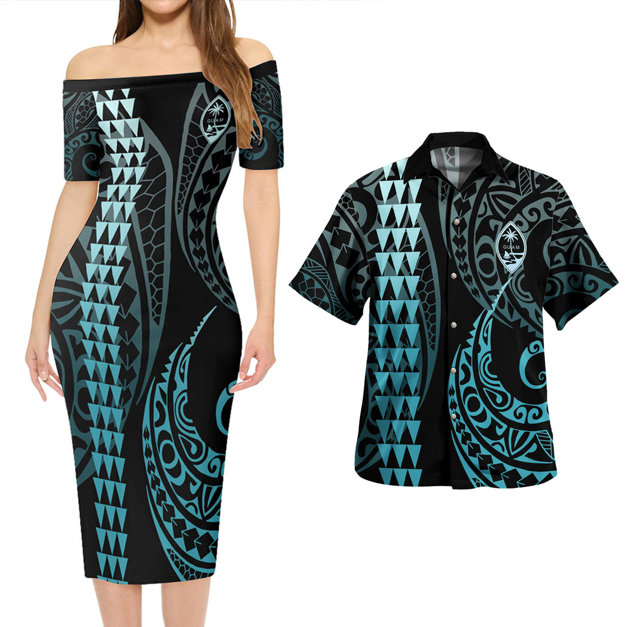 Guam Combo Short Sleeve Dress And Shirt Kakau Style Turquoise