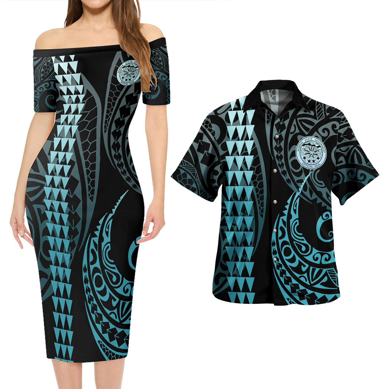 Kosrae Combo Short Sleeve Dress And Shirt Kakau Style Turquoise