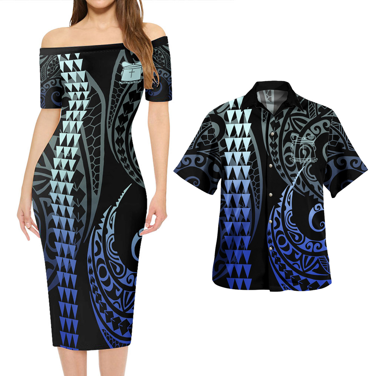 Tokelau Combo Short Sleeve Dress And Shirt Kakau Style Gradient Blue