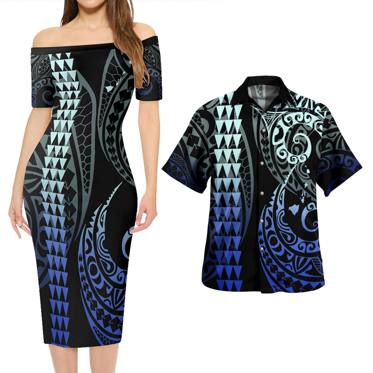 Hawaii Combo Short Sleeve Dress And Shirt Kakau Style Gradient Blue