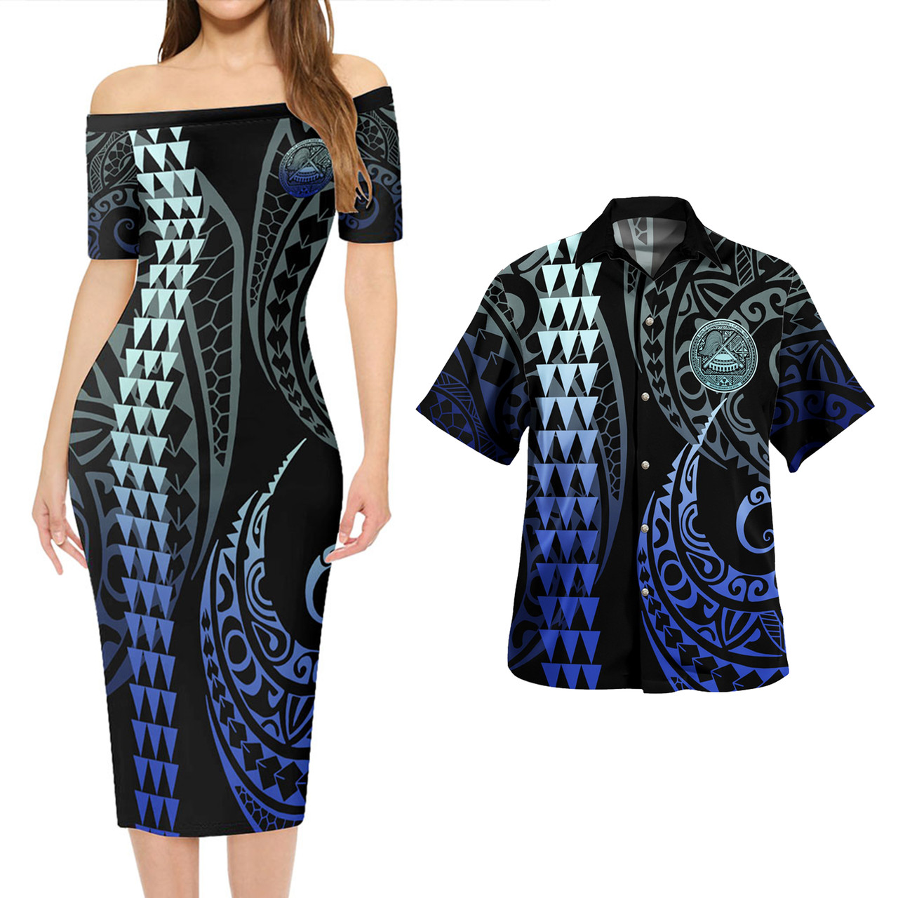 American Samoa Combo Short Sleeve Dress And Shirt Kakau Style Gradient Blue