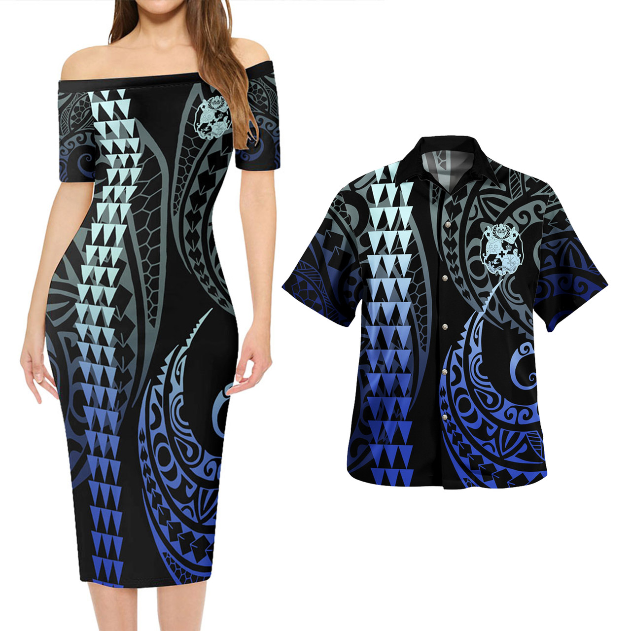 Tonga Combo Short Sleeve Dress And Shirt Kakau Style Gradient Blue