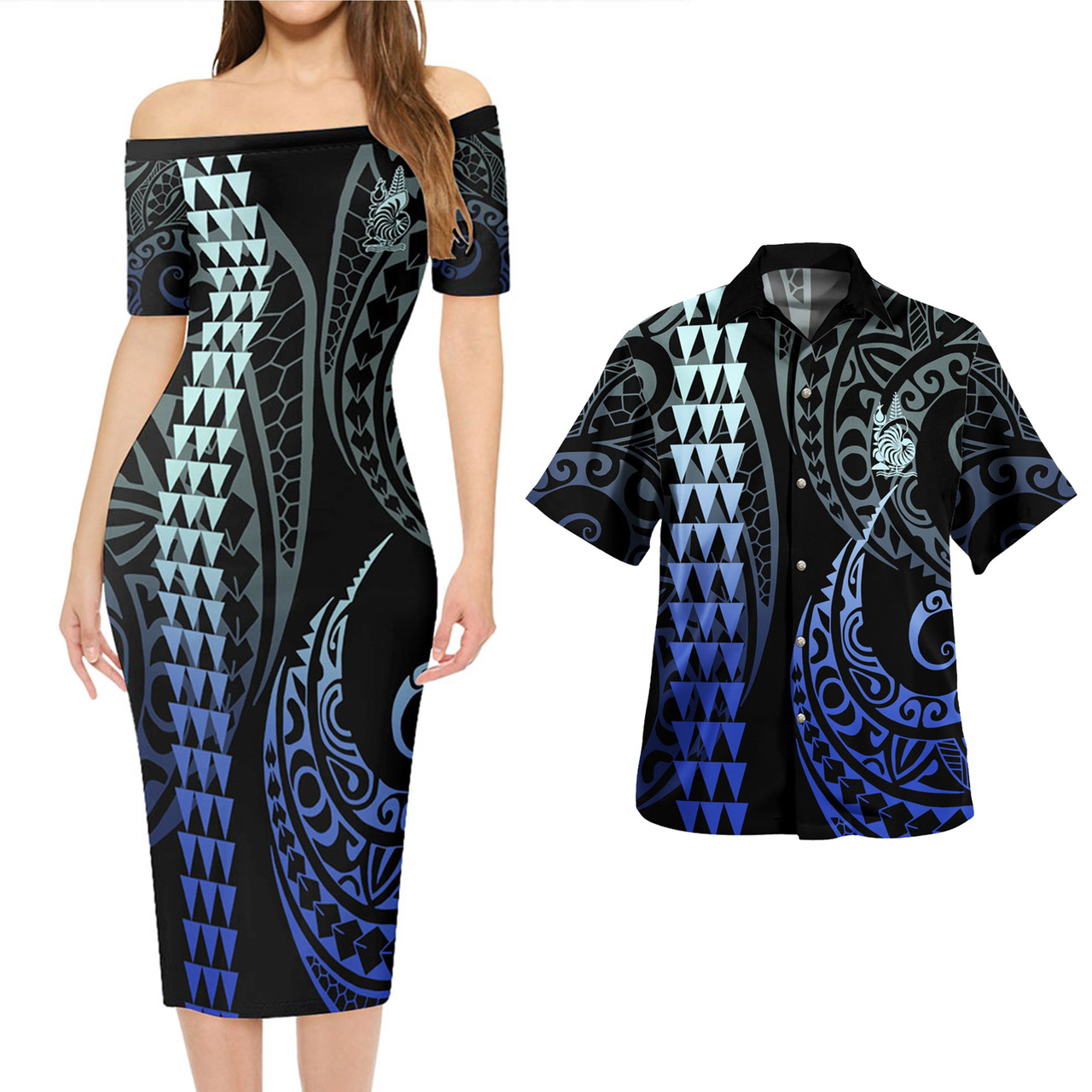 New Caledonia Combo Short Sleeve Dress And Shirt Kakau Style Gradient Blue