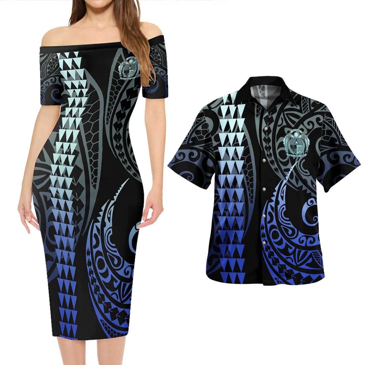 Nauru Combo Short Sleeve Dress And Shirt Kakau Style Gradient Blue