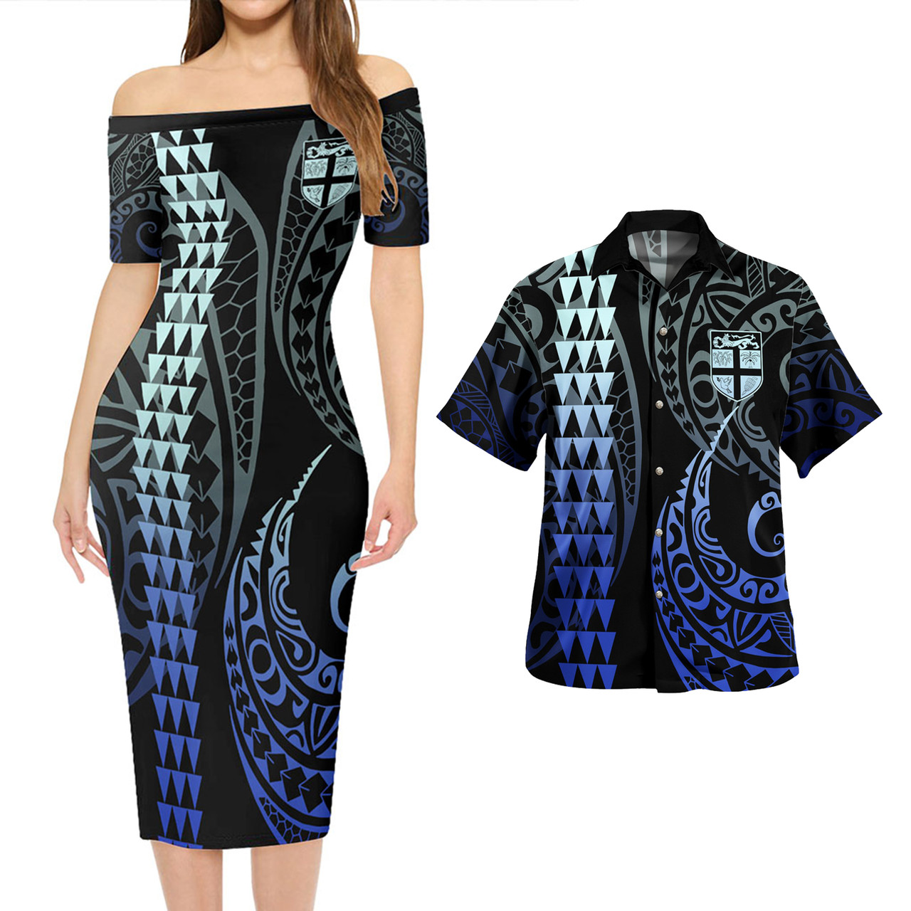 Fiji Combo Short Sleeve Dress And Shirt Kakau Style Gradient Blue