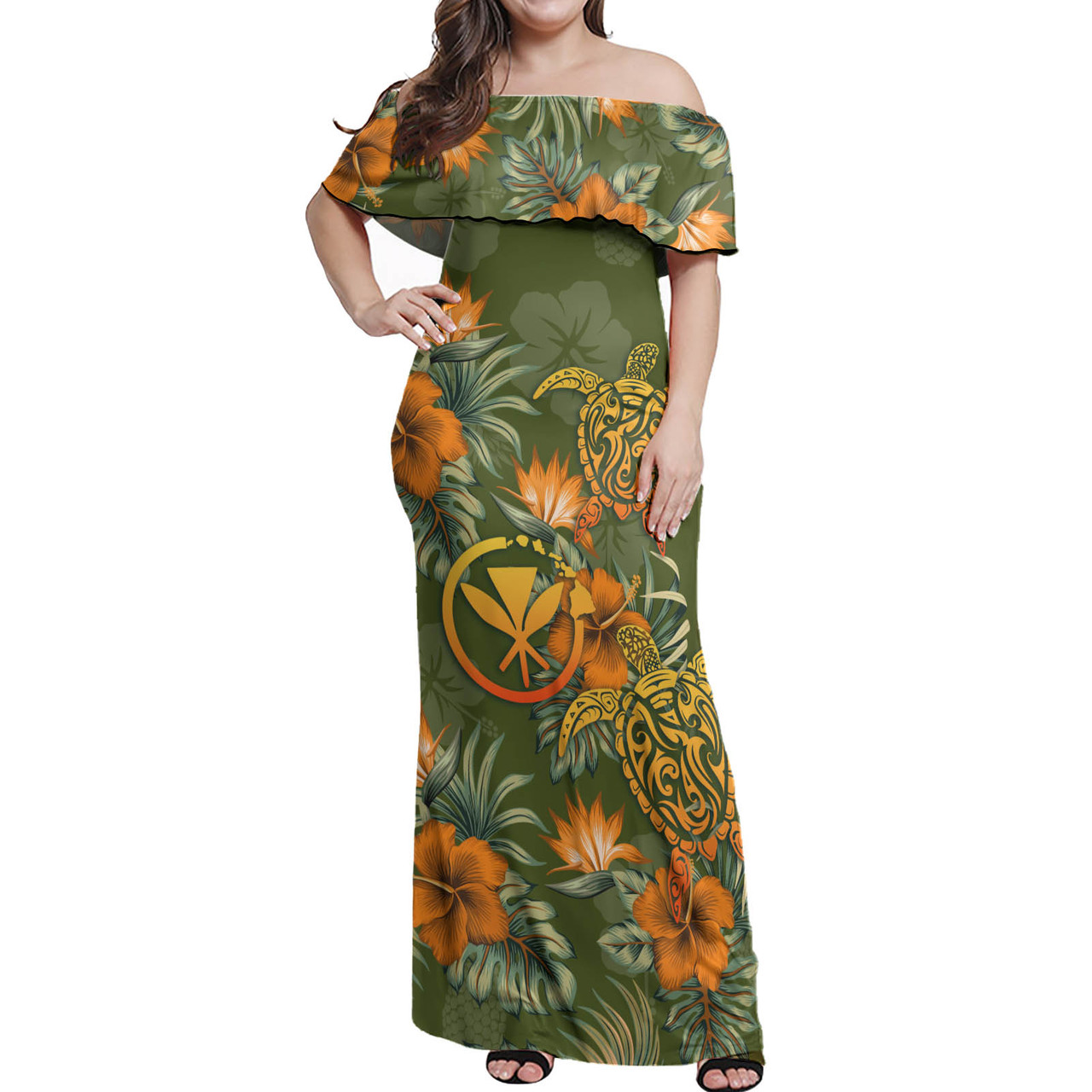 Hawaii Woman Off Shoulder Long Dress Polynesian Tropical Summer