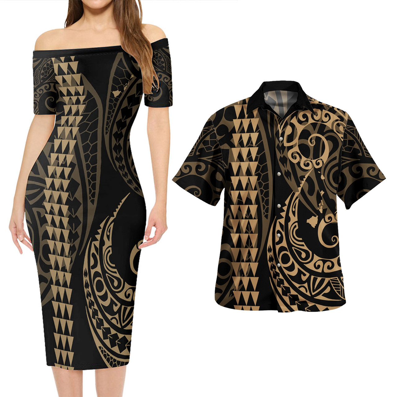 Hawaii Combo Short Sleeve Dress And Shirt Kakau Style Gold