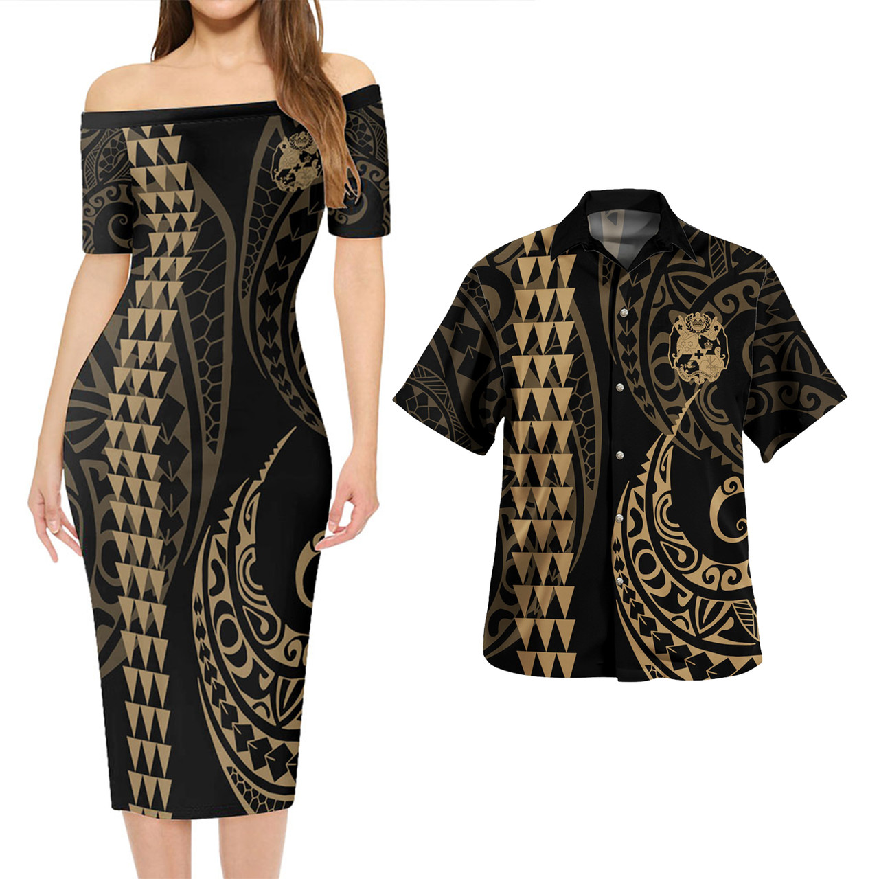 Tonga Combo Short Sleeve Dress And Shirt Kakau Style Gold