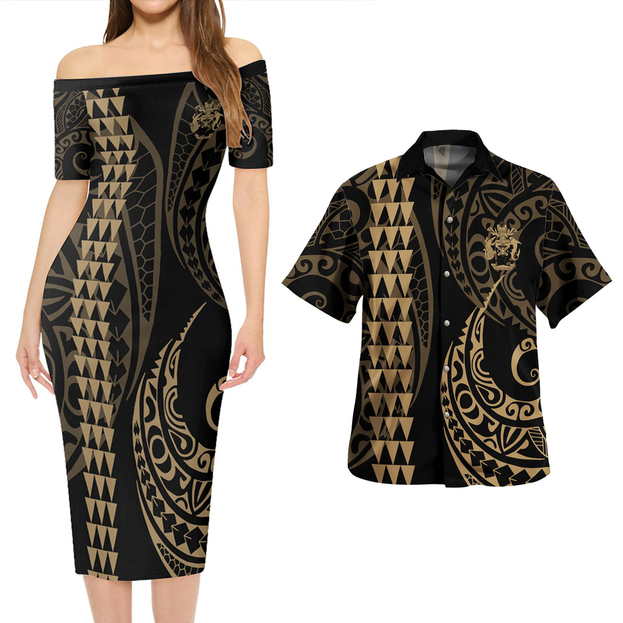 Solomon Islands Combo Short Sleeve Dress And Shirt Kakau Style Gold