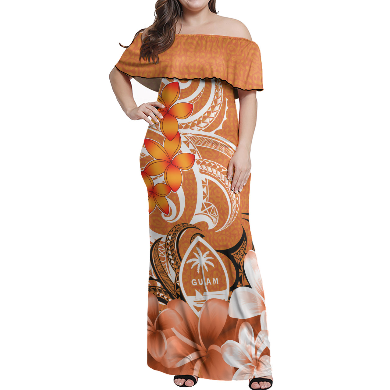 Guam Woman Off Shoulder Long Dress Polynesian Floral Spirit Orange