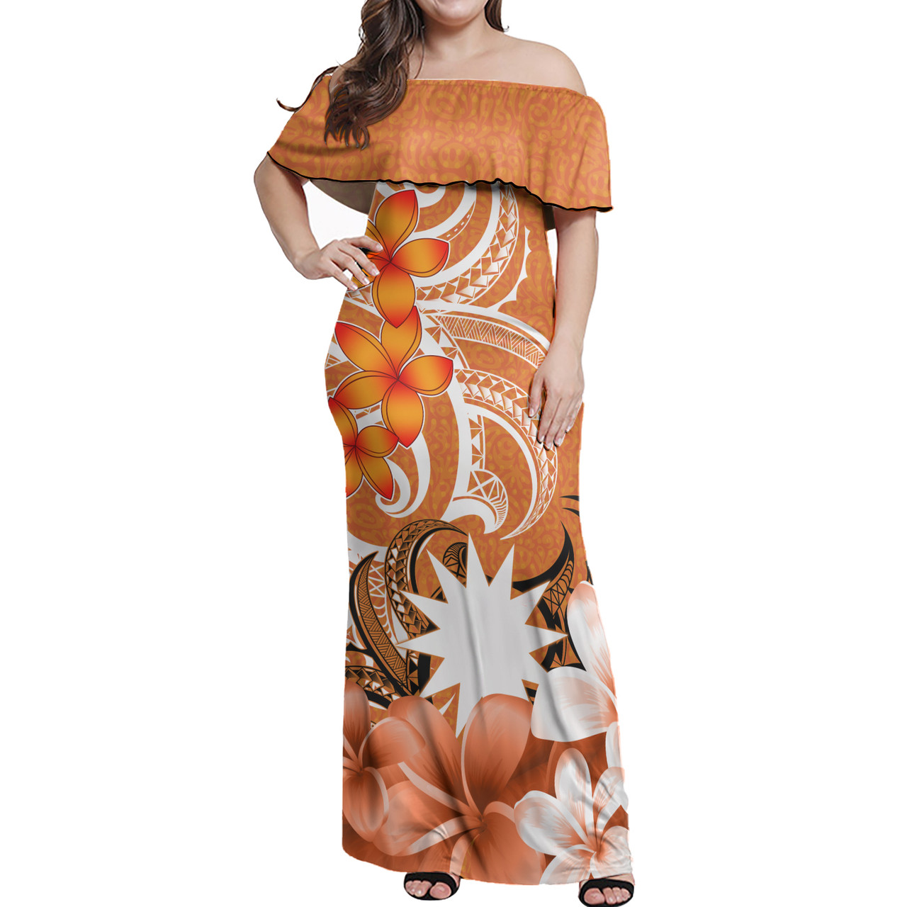 Nauru Woman Off Shoulder Long Dress Polynesian Floral Spirit Orange