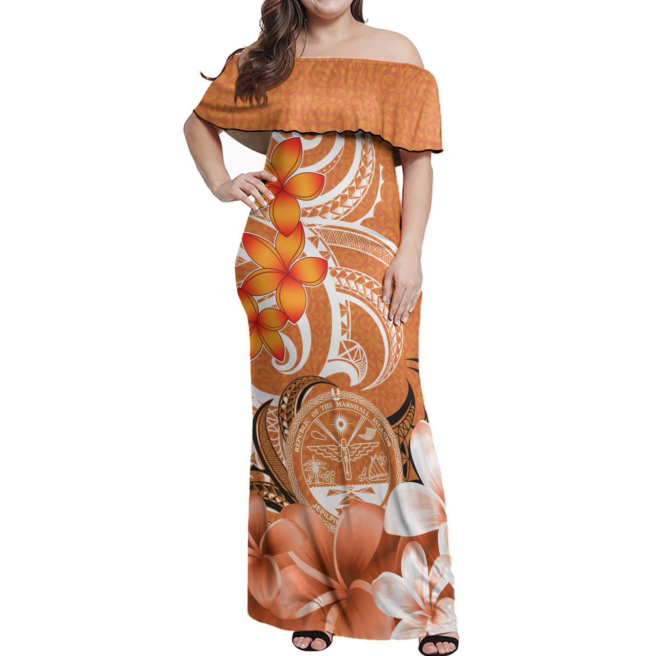 Marshall Islands Woman Off Shoulder Long Dress Polynesian Floral Spirit Orange