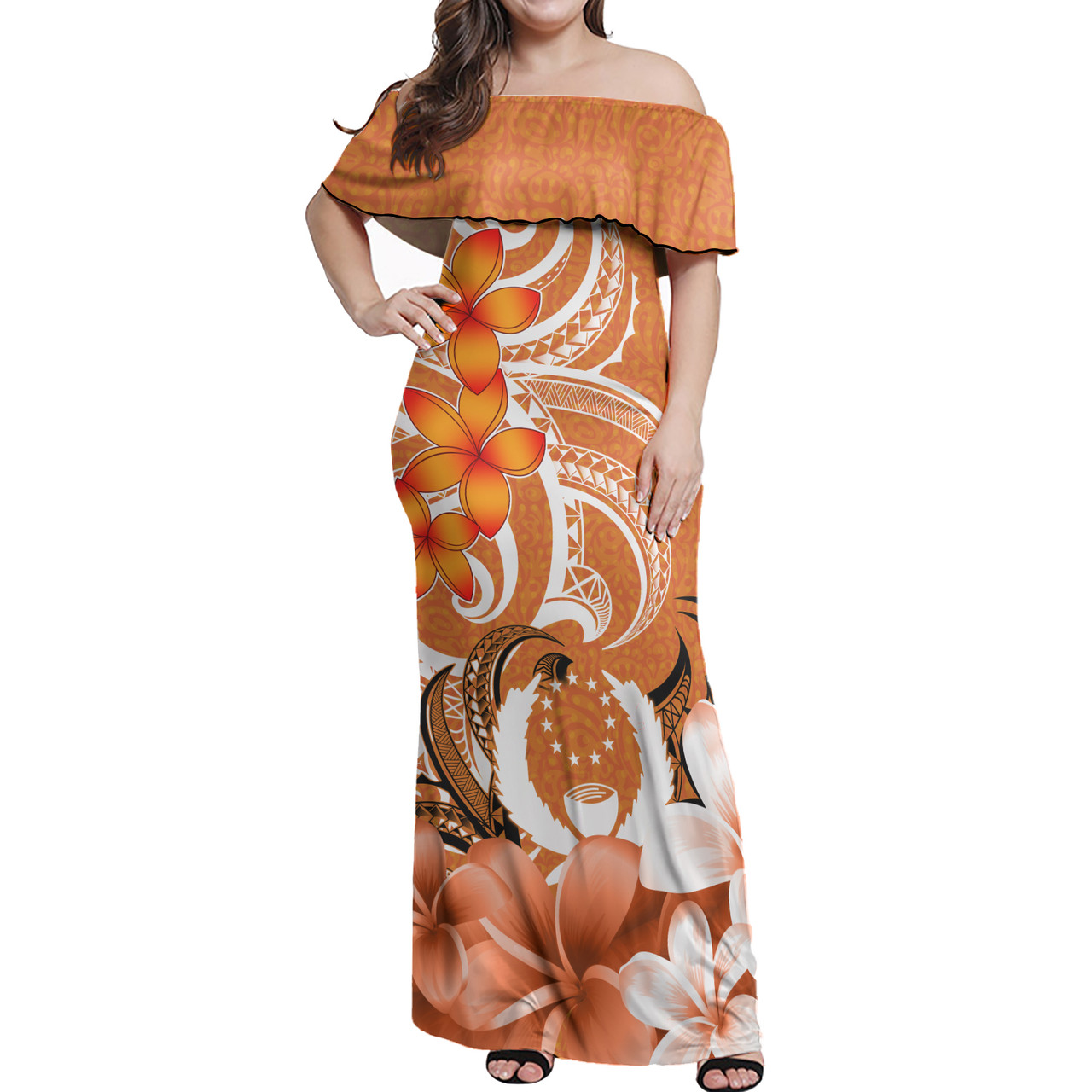 Pohnpei Woman Off Shoulder Long Dress Polynesian Floral Spirit Orange