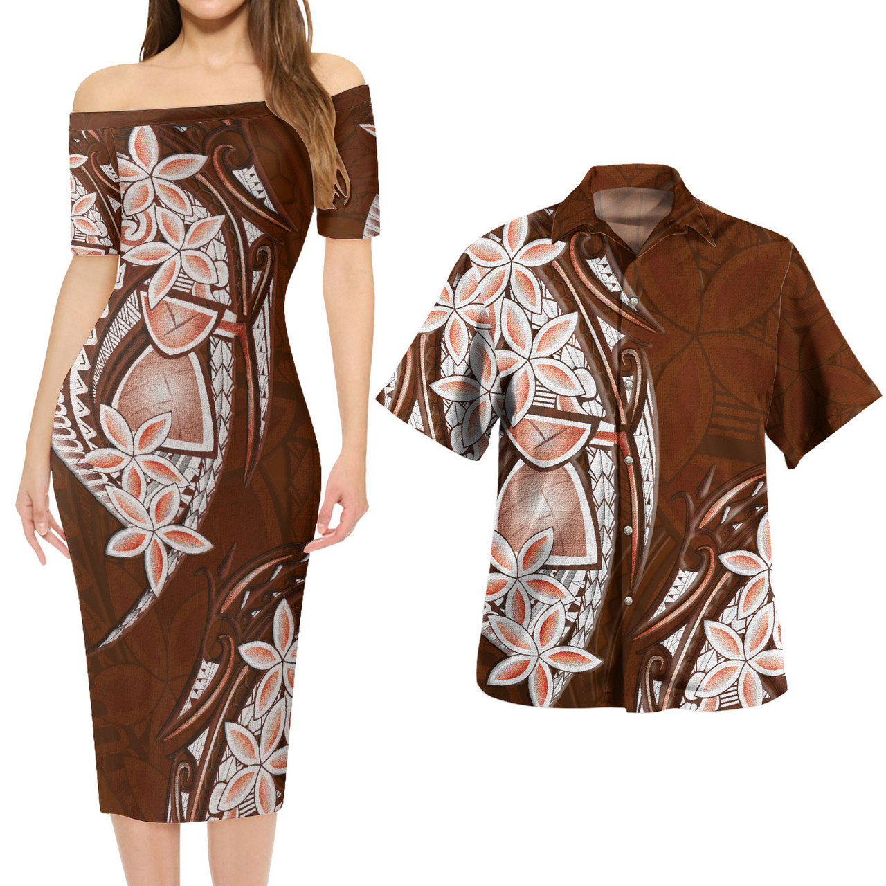Guam Combo Short Sleeve Dress And Shirt  Latte Stone Plumeria Flowers
