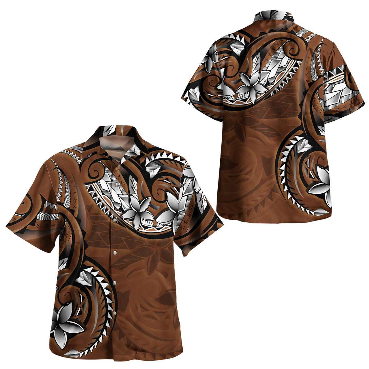 Polynesian Patterns Plumeria Flowers (Brown) Combo Short Sleeve Dress And Shirt