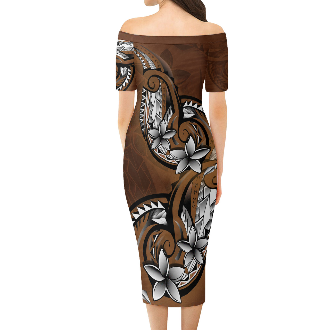 Polynesian Patterns Plumeria Flowers (Brown) Combo Short Sleeve Dress And Shirt