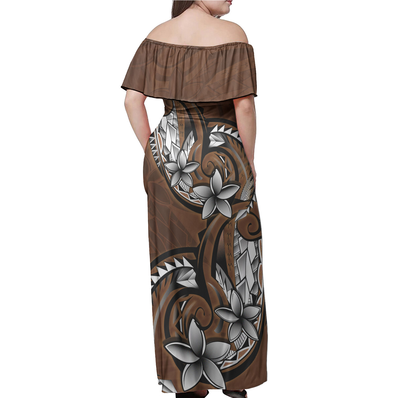 Polynesian Patterns Plumeria Flowers (Brown) Women Off Shoulder Long Dress