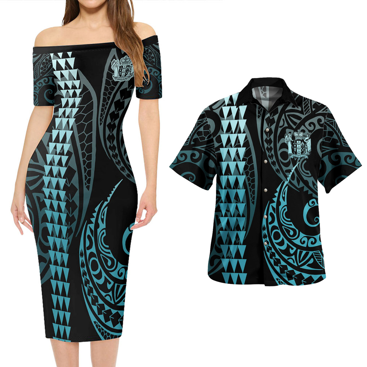 New Zealand Combo Short Sleeve Dress And Shirt Kakau Style Turquoise