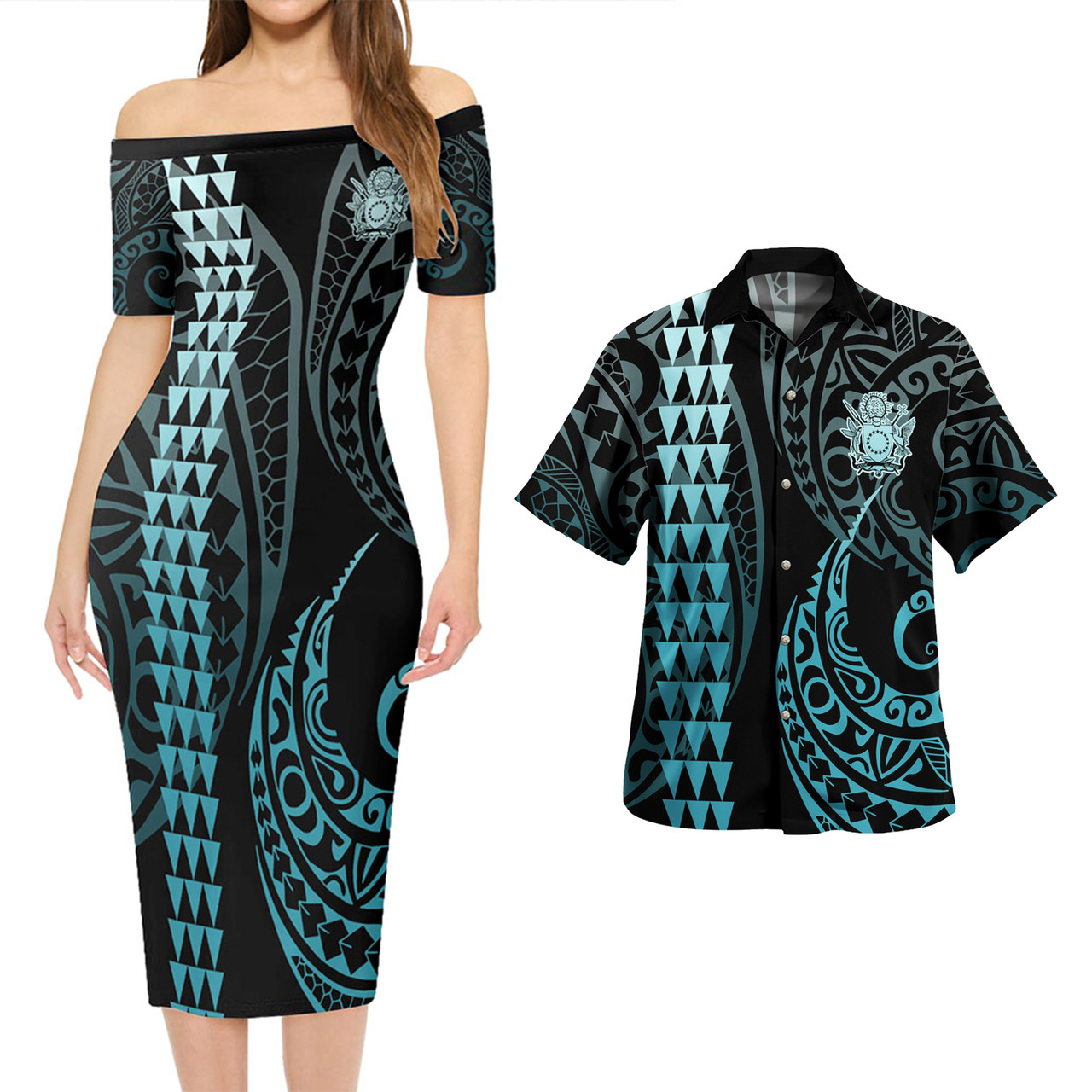 Cook Islands Combo Short Sleeve Dress And Shirt Kakau Style Turquoise