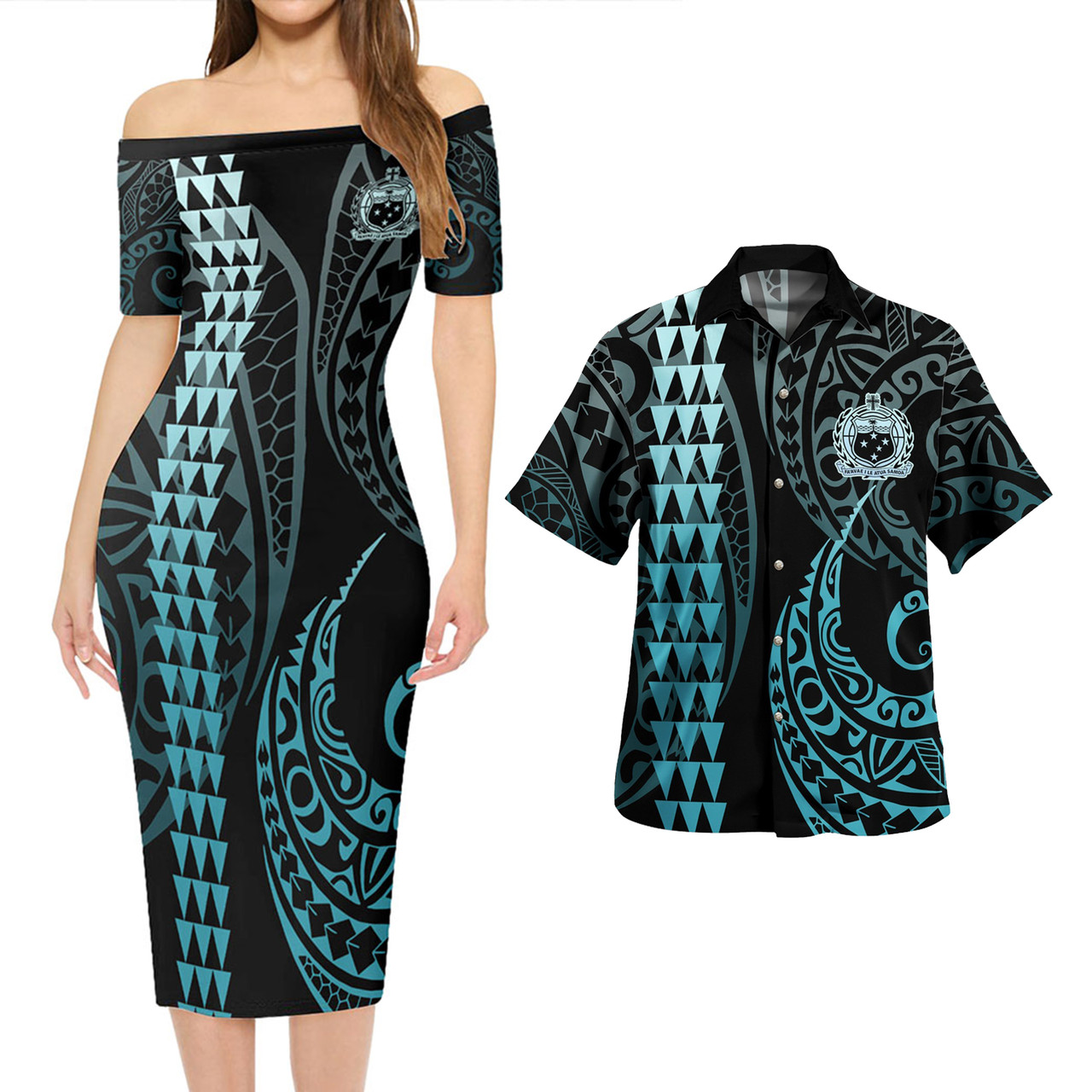 Samoa Combo Short Sleeve Dress And Shirt Kakau Style Turquoise