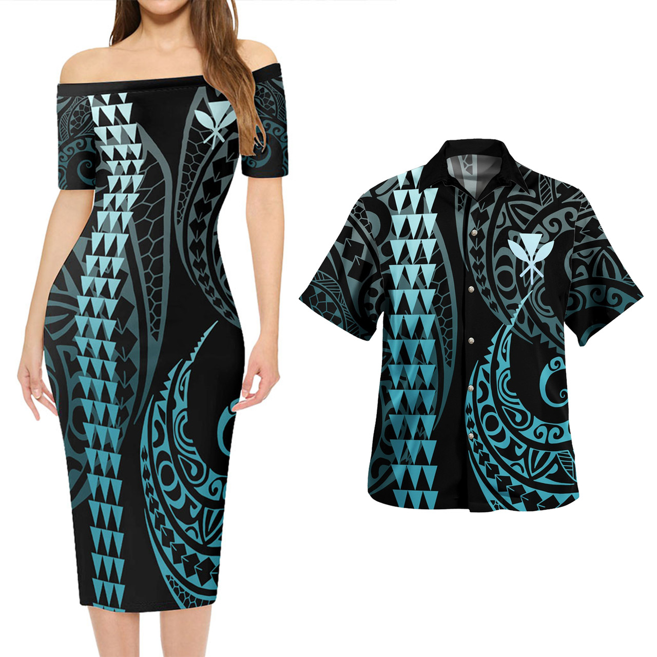 Hawaii Combo Short Sleeve Dress And Shirt Kanaka Kakau Style Turquoise