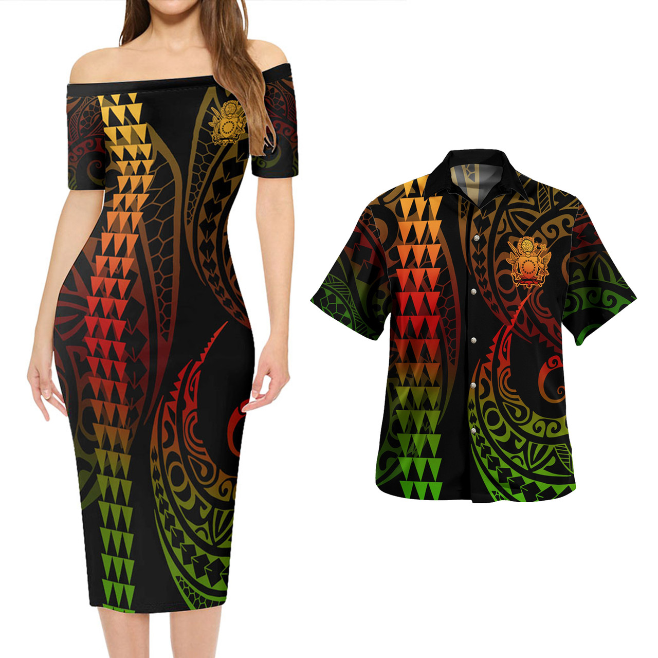 Cook Islands Combo Short Sleeve Dress And Shirt Kakau Style Reggae