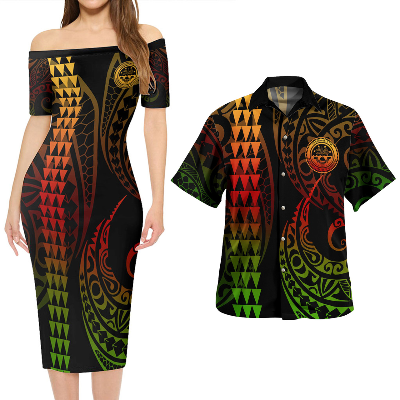 Federated States Of Micronesia Combo Short Sleeve Dress And Shirt Kakau Style Reggae