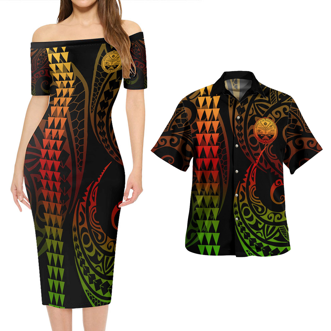 Marshall Islands Combo Short Sleeve Dress And Shirt Kakau Style Reggae