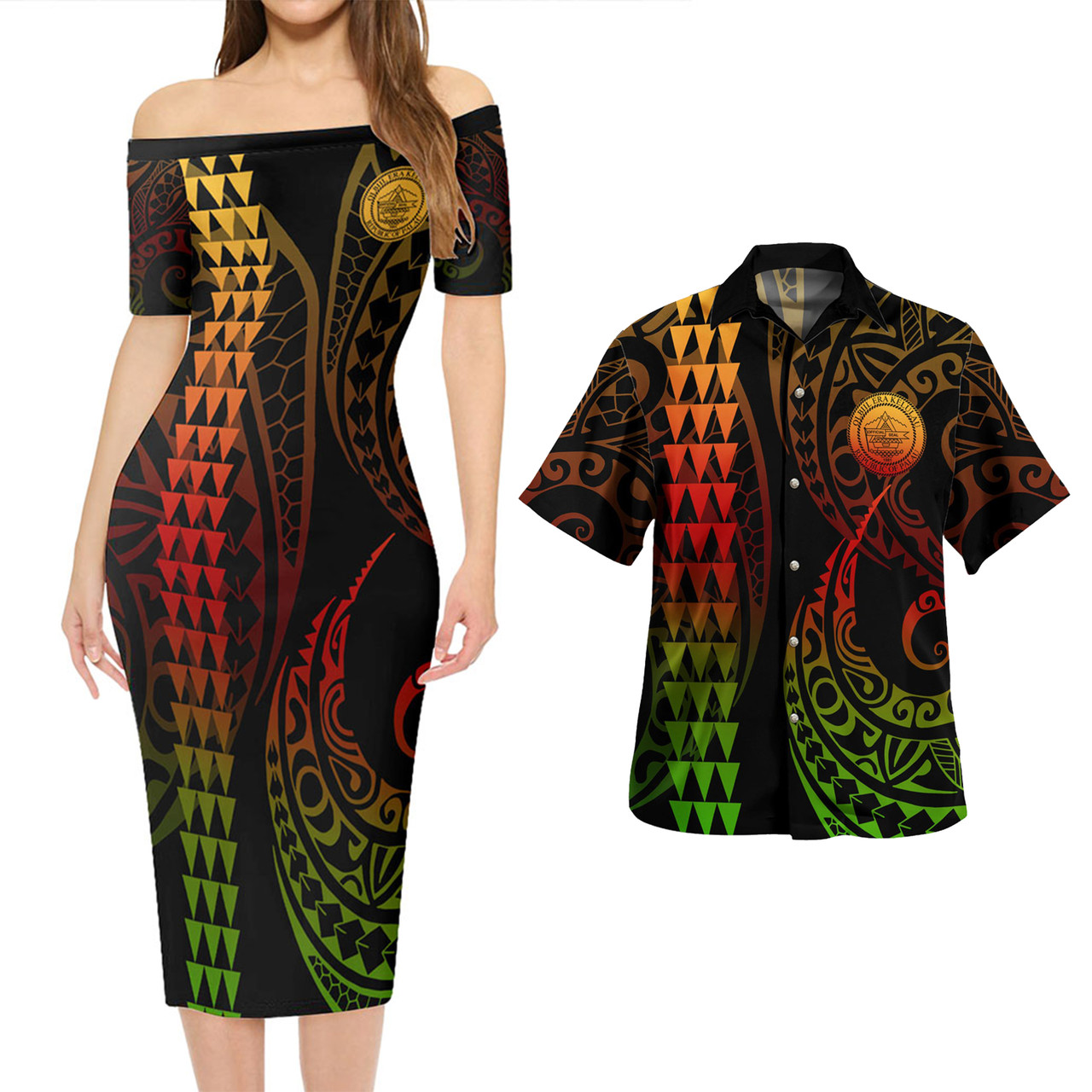 Palau Combo Short Sleeve Dress And Shirt Kakau Style Reggae