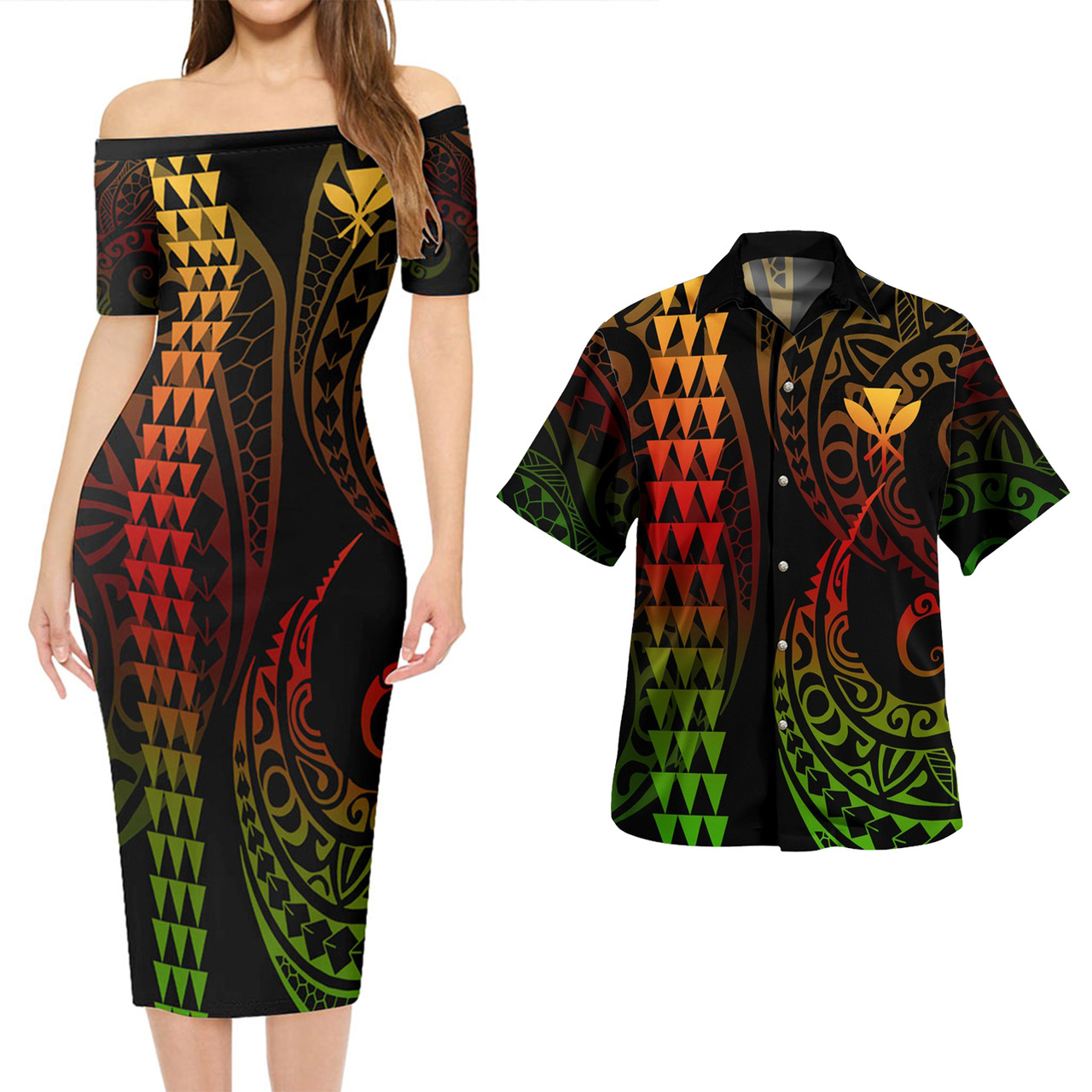 Hawaii Combo Short Sleeve Dress And Shirt Kanaka Kakau Style Reggae