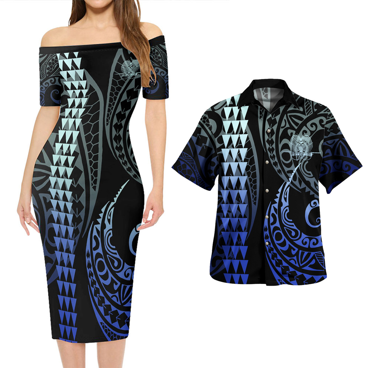 Papua New Guinea Combo Short Sleeve Dress And Shirt Kakau Style Gradient Blue