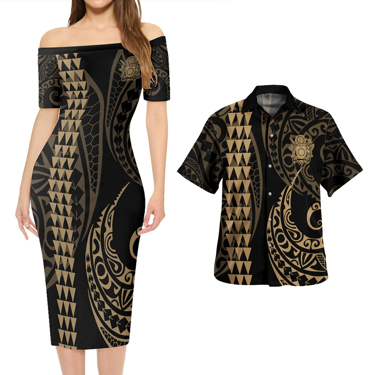 Cook Islands Combo Short Sleeve Dress And Shirt Kakau Style Gold