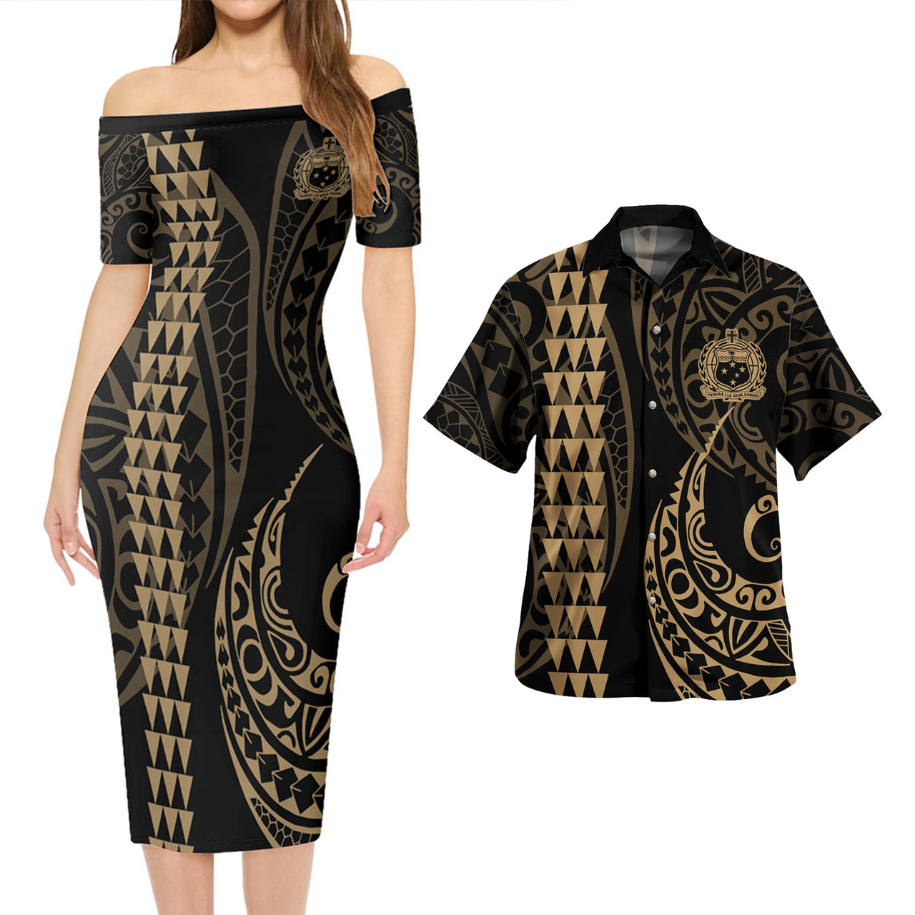 Samoa Combo Short Sleeve Dress And Shirt Kakau Style Gold