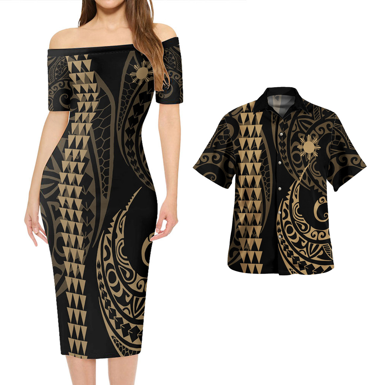 Philippines Filipinos Combo Short Sleeve Dress And Shirt Kakau Style Gold