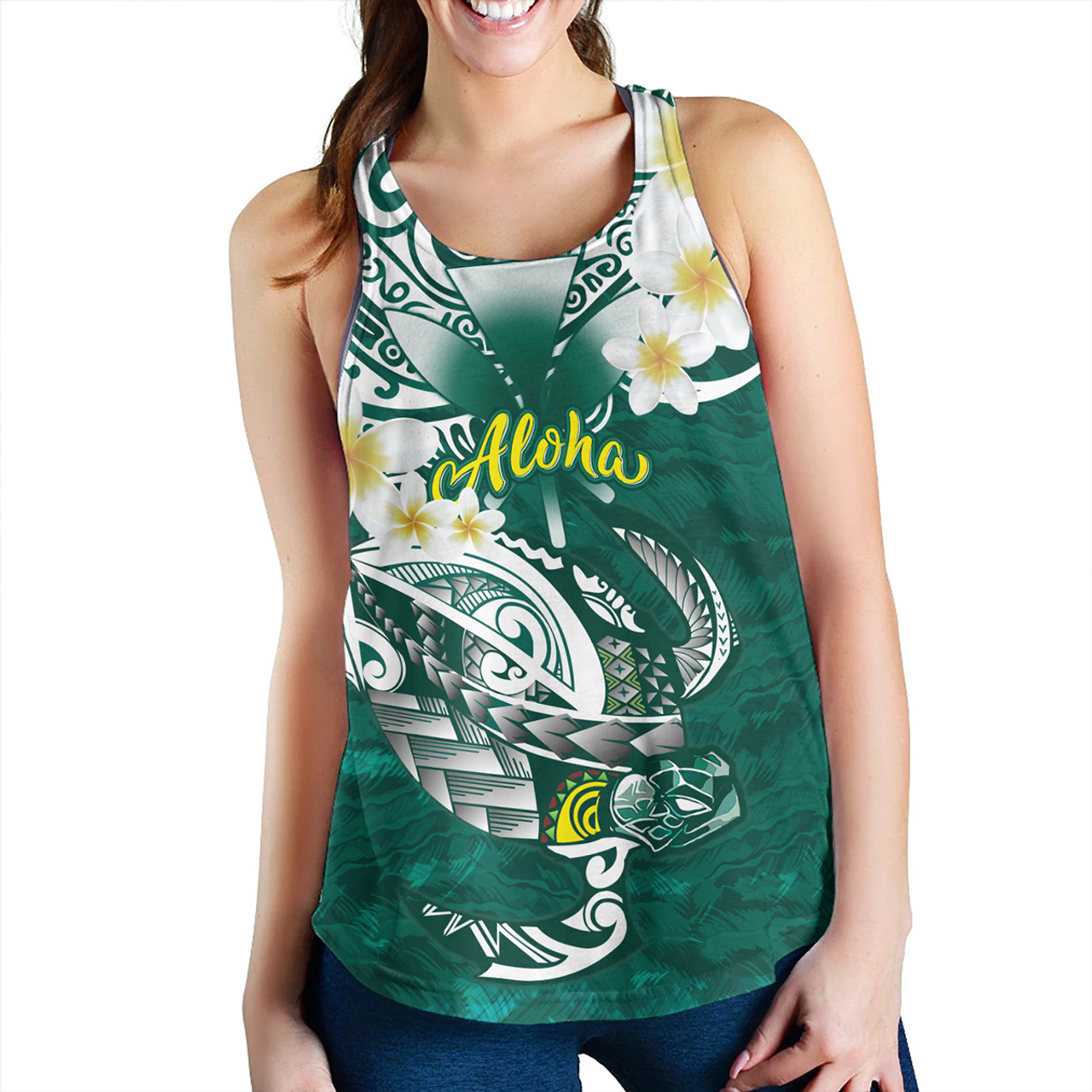 Hawaii Women Tank Polynesian Honu With Plumeria Tropical Ocean Wave