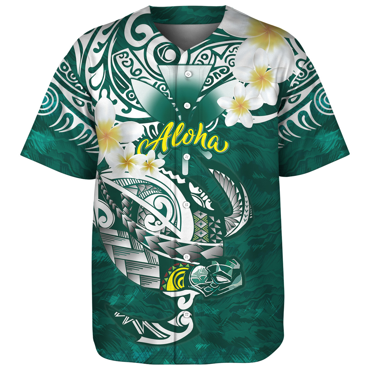Hawaii Baseball Shirt Polynesian Honu With Plumeria Tropical Ocean Wave