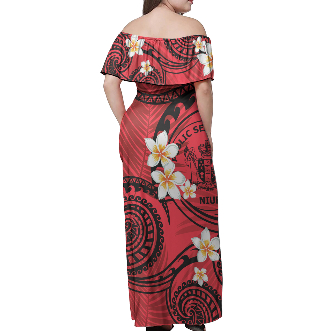 Niue Off Shoulder Long Dress Plumeria Flowers Tribal Motif Red Version