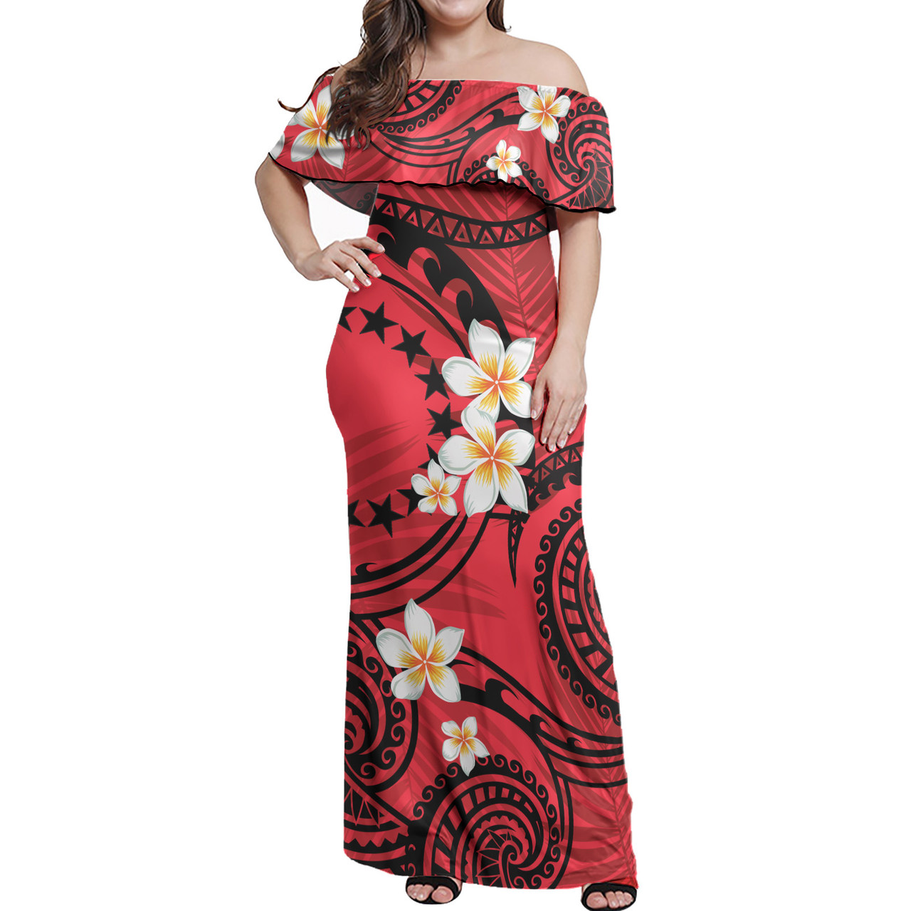 Cook Islands Off Shoulder Long Dress Plumeria Flowers Tribal Motif Red Version