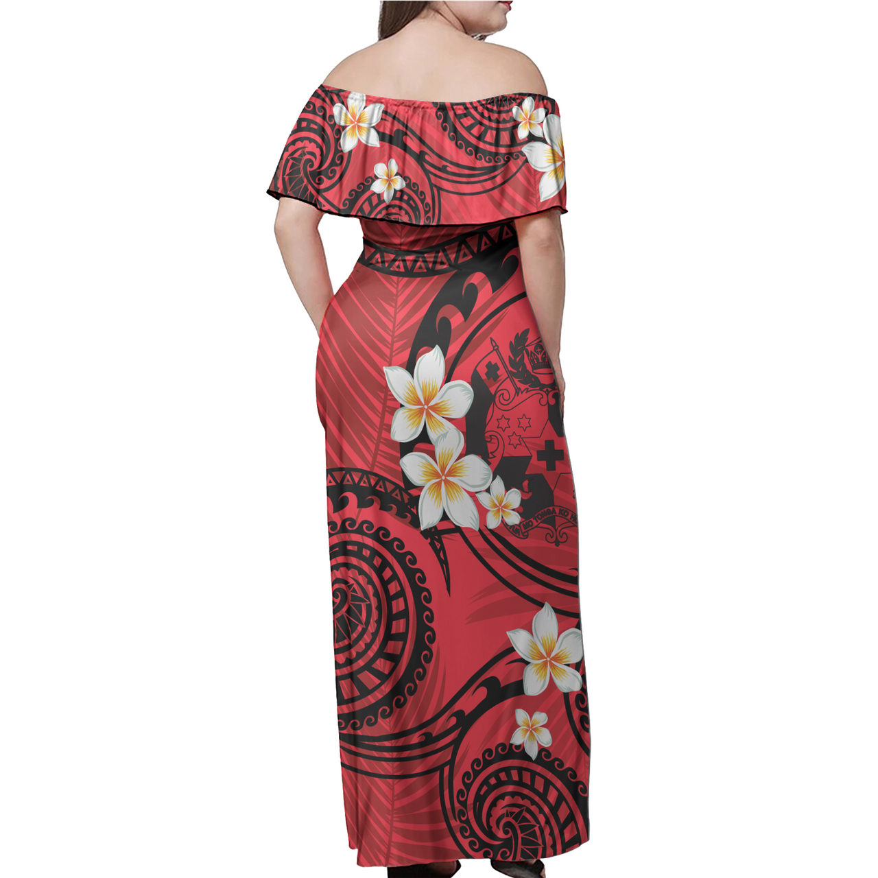 Tonga Off Shoulder Long Dress Plumeria Flowers Tribal Motif Red Version