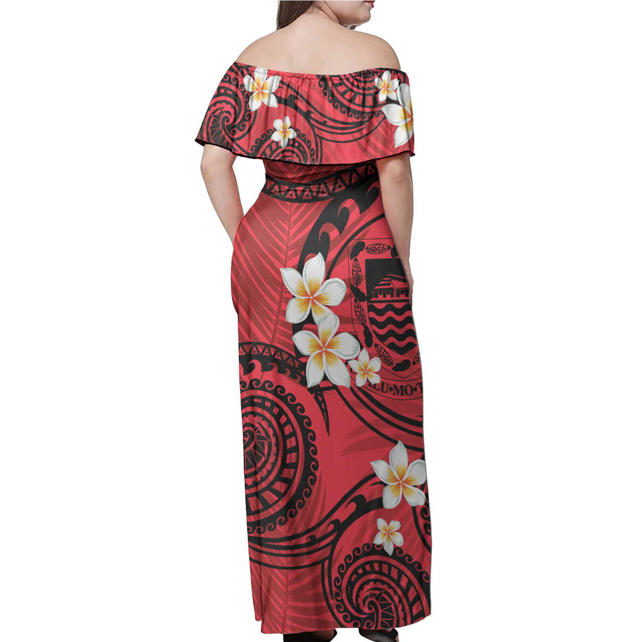 Tuvalu Off Shoulder Long Dress Plumeria Flowers Tribal Motif Red Version
