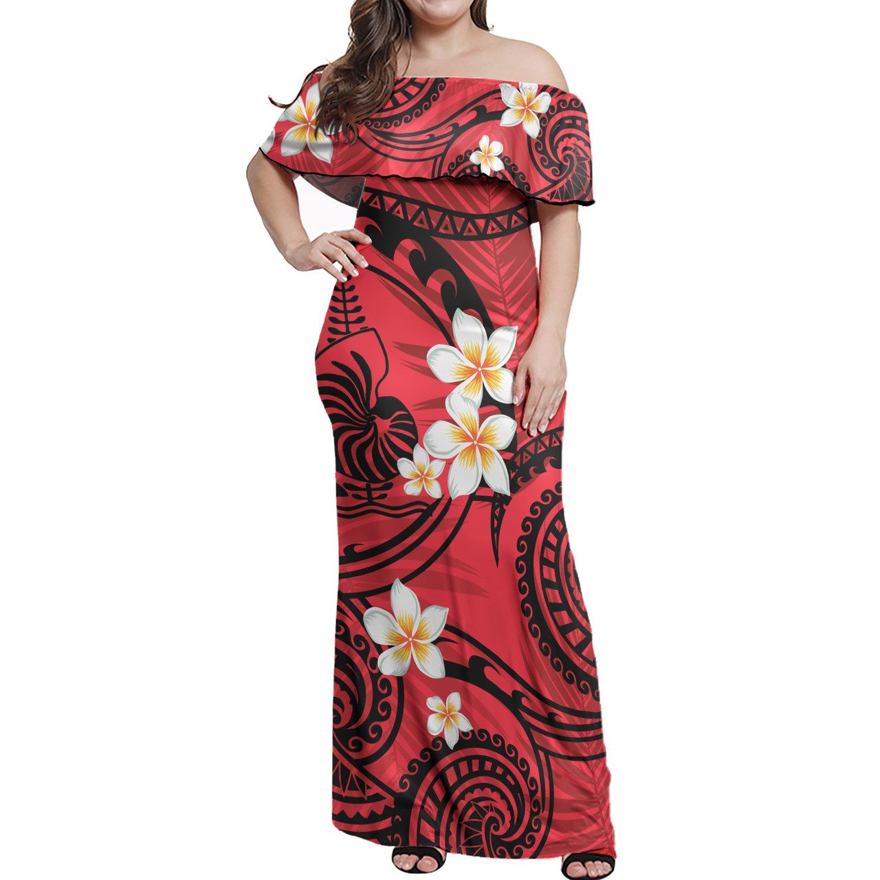 New Caledonia Off Shoulder Long Dress Plumeria Flowers Tribal Motif Red Version