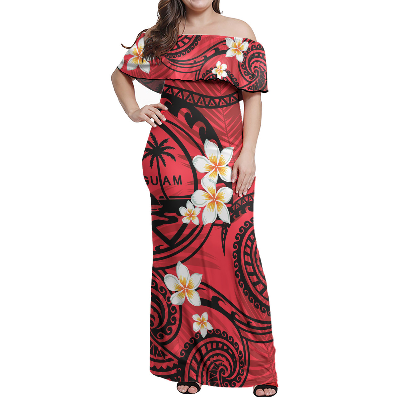 Guam Off Shoulder Long Dress Plumeria Flowers Tribal Motif Red Version