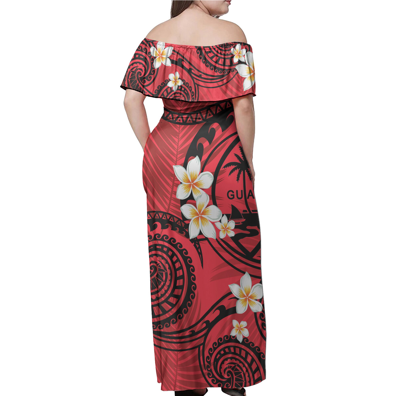 Guam Off Shoulder Long Dress Plumeria Flowers Tribal Motif Red Version