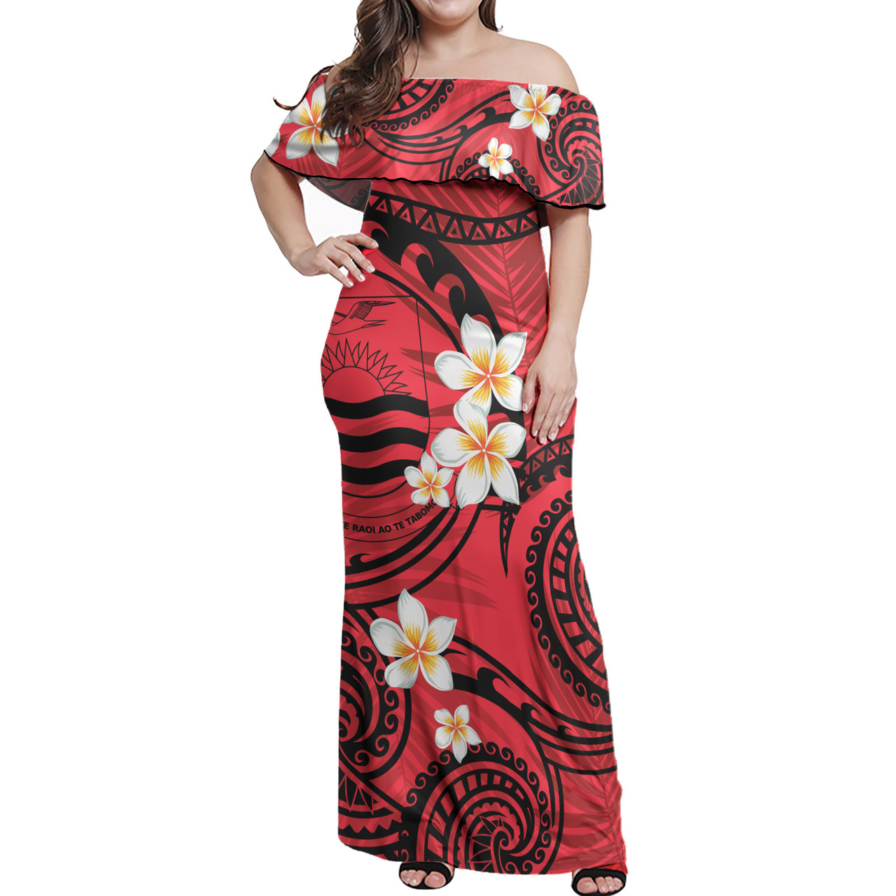 Kiribati Off Shoulder Long Dress Plumeria Flowers Tribal Motif Red Version